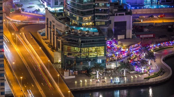 Canal Luxe Dubai Marina Promenade Avec Restaurants Nuit Timelapse Circulation — Photo