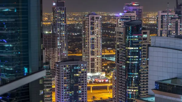 Dubai Marina Los Rascacielos Jlt Horizonte Aéreo Noche Timelapse Gran — Foto de Stock