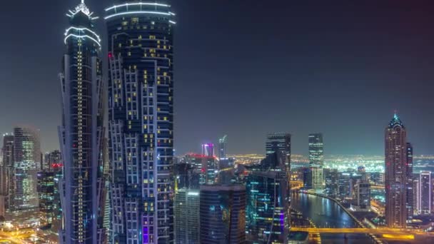 JBR y Dubai marina durante la puesta del sol timelapse aéreo — Vídeo de stock