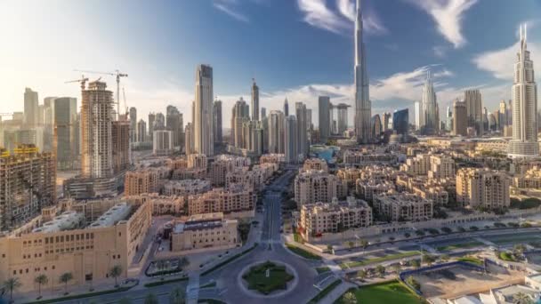 Dubai Downtown skyline timelapse with Burj Khalifa and other towers paniramic view from the top in Dubai — Stock Video