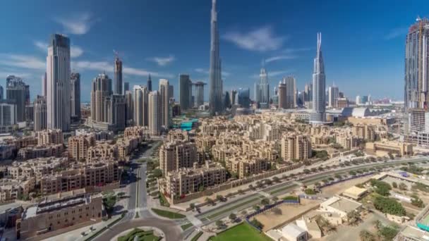 Dubai Downtown skyline timelapse with Burj Khalifa and other towers paniramic view from the top in Dubai — Stock Video