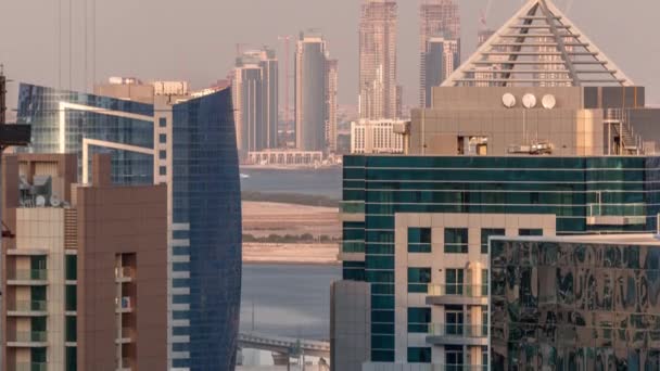 Bouw van nieuwe wolkenkrabbers in Dubai Creek Harbor Aerial timelapse. Dubai-Verenigde Arabische Emiraten. — Stockvideo
