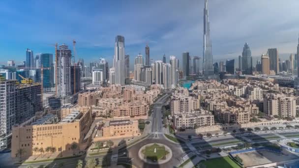 Dubai Downtown skyline timelapse with Burj Khalifa and other towers paniramic view from the top in Dubai — Stock Video
