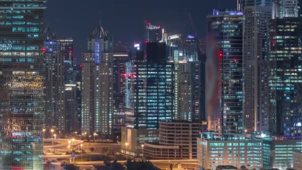 Dubai Marina e JLT noite aérea timelapse vista superior de arranha-céus em Dubai, Emirados Árabes Unidos . — Vídeo de Stock