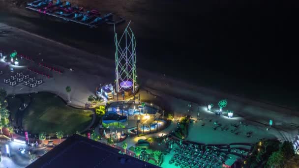 Обзор береговой линии Jumeirah Beach Residence JBR skyline aerial night timelapse — стоковое видео