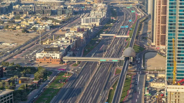 Sheikh Zayed Road at intersection of Hessa Street aerial timelapse, Dubai, United Arab Emirates. — Stock Photo, Image