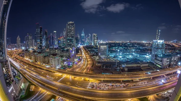 Skyscrapers aerial view in downtown and financial district Dubai night timelapse, United Arab Emirates — Stock Photo, Image