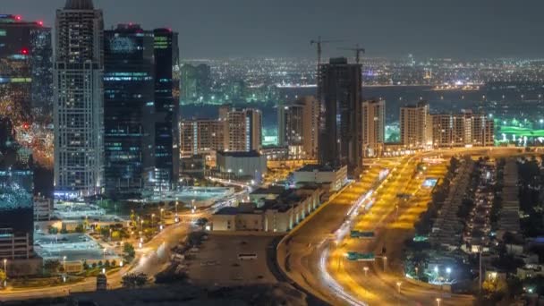 Jumeirah Lake Towers lakossági kerületi légi éjszaka TimeLapse közelében Dubai Marina — Stock videók