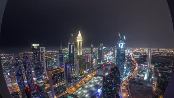 Skyline budynków Sheikh Zayed Road i DIFC antenowe nocne timelapse w Dubaju, ZEA. — Wideo stockowe