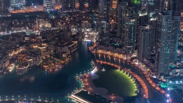 Niesamowity widok z lotu ptaka Dubai Downtown wieżowce Night timelapse, Dubaj, Zjednoczone Emiraty Arabskie — Wideo stockowe