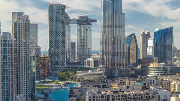 Dubai Downtown timelapse with Burj Khalifa and other towers paniramic view from the top in Dubai — стоковое фото