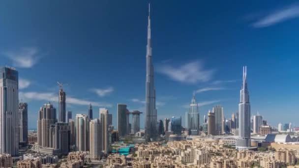 Dubai Downtown skyline timelapse with Burj Khalifa and other towers paniramic view from the top in Dubai — Stock Video