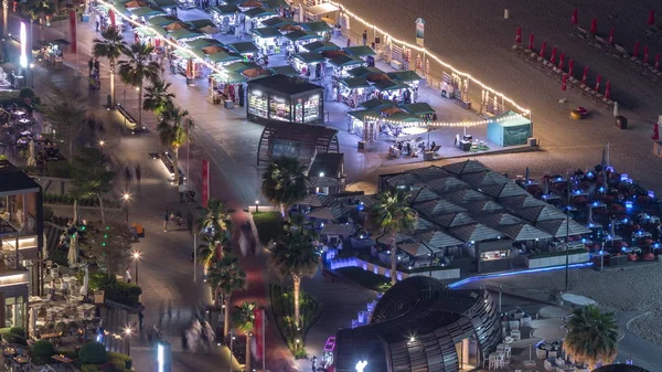 Waterfront genel bakış Jumeirah Beach Residence Jbr silueti hava gece timelapse — Stok fotoğraf