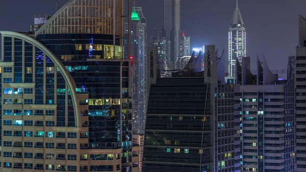 Jumeirah Lake Towers barrio residencial timelapse noche aérea cerca de Dubai Marina —  Fotos de Stock