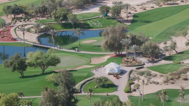 Τοπίο του πράσινου γηπέδου γκολφ με δέντρα εναέρια άποψη. Ντουμπάι, Ουάε — Αρχείο Βίντεο
