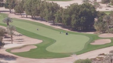 Ağaçların anten manzaralı yeşil golf sahası. Dubai, Uae