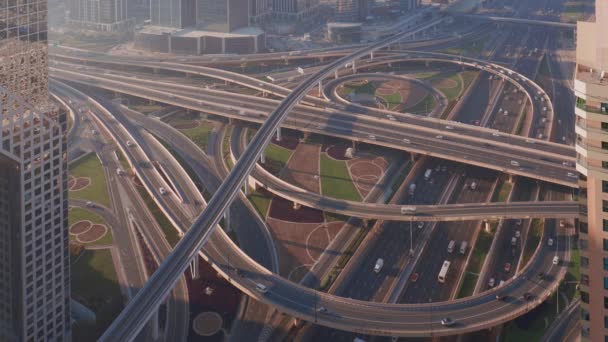 Aerial morning view of highway interchange in Dubai downtown. — Stock Video