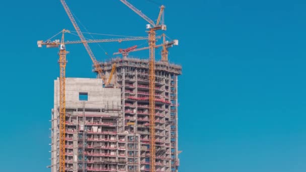 Vue aérienne d'un gratte-ciel en construction avec d'énormes grues timelapse dans la marina de Dubaï . — Video