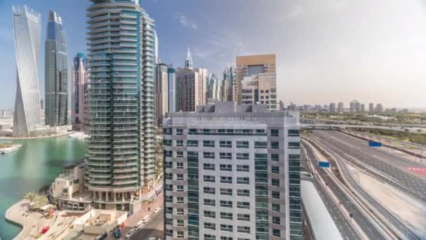 Aerial top view to Sheikh Zayed road near Dubai Marina and JLT timelapse, Dubai. — Stock Video