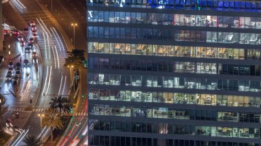 Dubai, Bae'de Difc gece saatinde yakınlarındaki Al Saada caddesinde kavşak trafiğinin ufuk çizgisi görünümü.