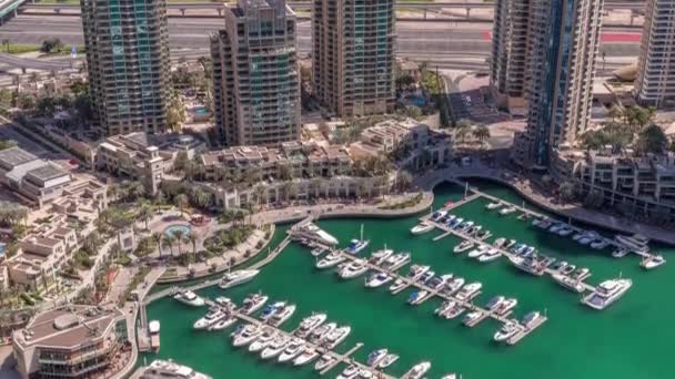 Dubai Marina harbor with modern yachts aerial timelapse — ストック動画