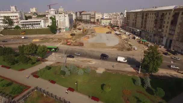 Road reconstruction with tram rails intersection, construction site — Stock Video