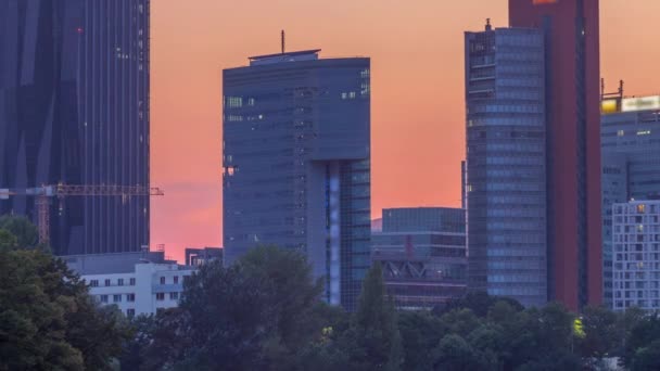 Vienna international center skyscrapers with Kaiserwasser lake reflection view day to night timelapse — Stock Video