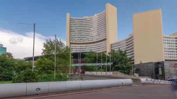 Donaustadt Danube City timelapse hyperlapse is a modern quarter with skyscrapers and business centres in Vienna, Austria. — Stock Video