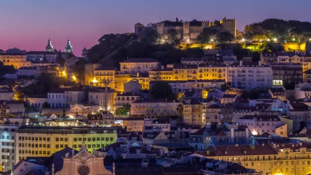 Lisbon aerial cityscape skyline night to day timelapse from viewpoint of St. Peter of Alcantara, Portugal — Stock Video