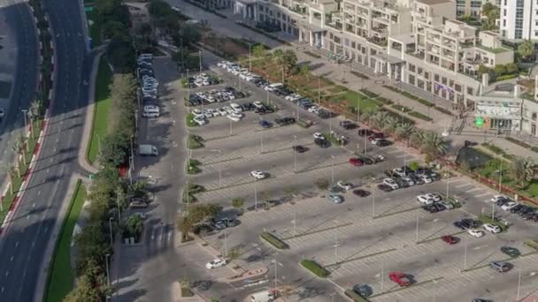 Aerial view full cars at large outdoor parking lots timelapse in Dubai, UAE. — Stock Video