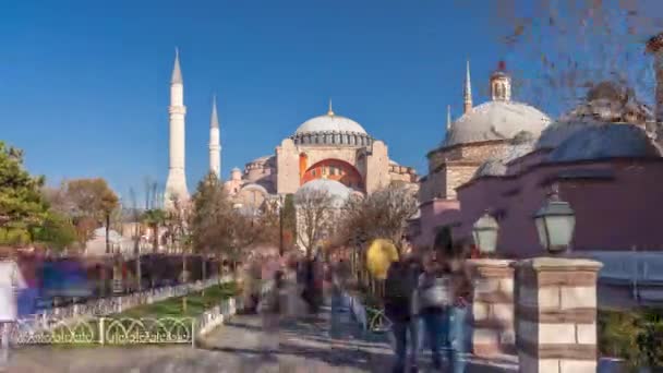 ハギア・ソフィアは、トルコのイスタンブールの公園内の木と超高層ビルをタイムラプス — ストック動画