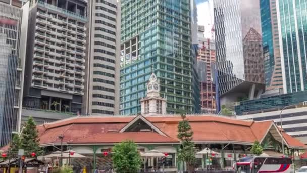 Telok ayer market with tall skyscrapers on a background timelapse hyperlapse. — Stock Video