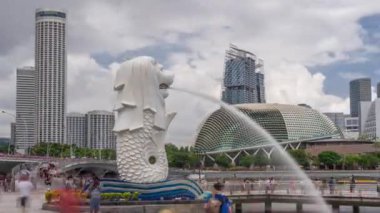 Merlion Çeşmesi ve Singapur Ufuk Çizgisi Zaman Çizgisi Hızı.