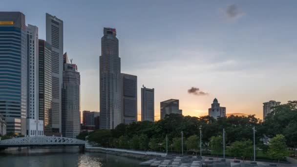 新加坡摩天大楼与白色的安德森桥相映成趣，夜以继日地在滨海公园附近穿行. — 图库视频影像