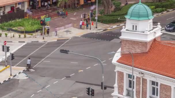 Letecký pohled na křižovatku a art deco obchody podél Neil Road v oblasti Čínské čtvrti timelapse — Stock video