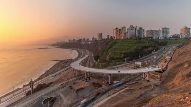 Aerial view of Limas Coastline in the neighborhood of Miraflores during sunset timelapse, Lima, Peru — Stock Video