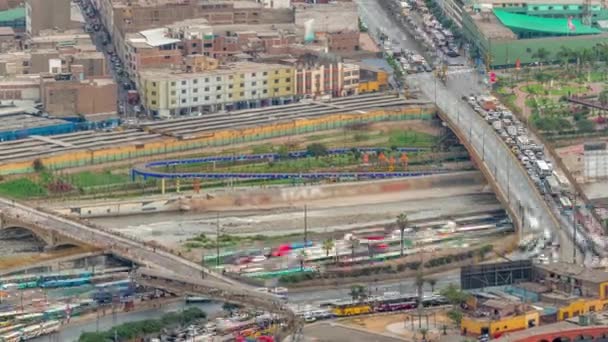 Aerial view of Lima skyline timelapse near Plaza de Toros de Acho bullring from San Cristobal hill. — Stock Video