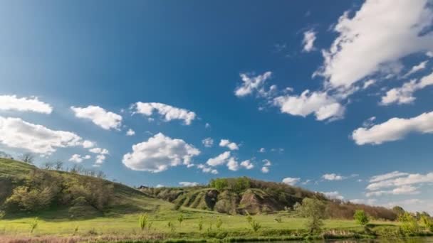 Grünes Feld und blauer Himmel mit weißer Wolke im Zeitraffer — Stockvideo