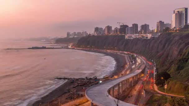 Aerial view of Limas Coastline in the neighborhood of Miraflores day to night timelapse, Lima, Peru — Stock Video