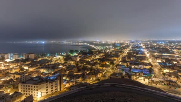 Панорамный горизонт города Лима сверху со многими зданиями воздушной ночью, чтобы день переходного времени. Лима, Перу — стоковое видео