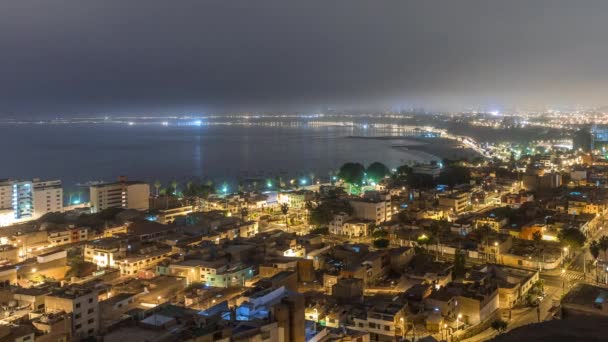 Skyline panorámico de la ciudad de Lima desde arriba con muchos edificios aéreos noche al día timelapse transición. Lima, Perú — Vídeos de Stock