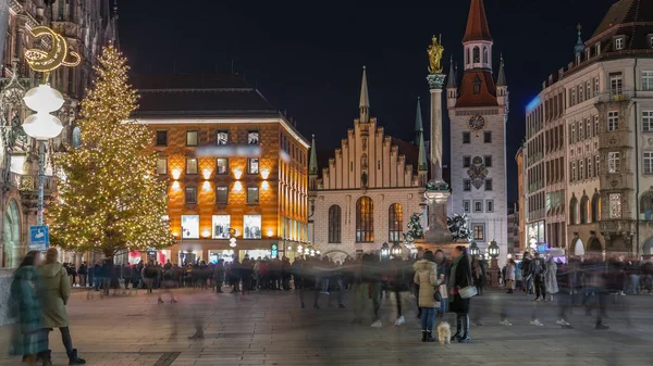 Marienplatz Régi Müncheni Városházával Altes Rathaus Talburgi Kapu Éjszakai Időapszusával — Stock Fotó