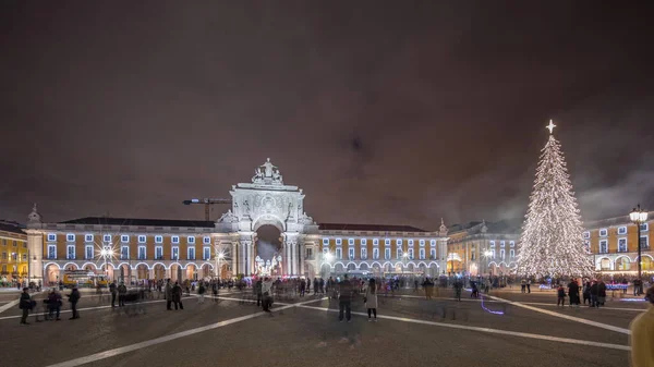 Panorama Che Mostra Piazza Del Commercio Arco Illuminato Decorato Natale — Foto Stock