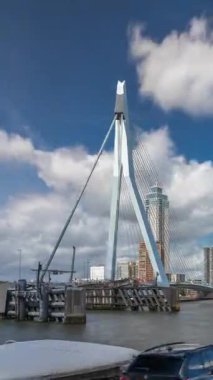 Rotterdam, Hollanda 'daki Maas Nehri' ni kapsayan Erasmus Köprüsü zaman atlaması. Hollandlar 'ın en büyük kablo destekli basküle köprüsü gökdelenleri, rıhtımdaki botlar ve dramatik bulutlu gökyüzü arkaplanı