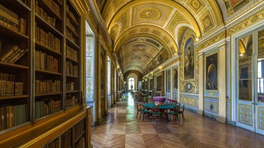Fransa 'nın Fontainebleau şehrinde Fransız kralların ve imparator Napoleon' un vatanı olan Chateau de Fontainebleau zamanının büyük kütüphanesinin iç ve mimari detayları.