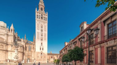 Seville Katedrali ve Giralda Kulesi 'nin Sevilla, İspanya' daki aşırı hızını gösteren panorama. Dünyanın en büyük gotik katedrali Virgen de los Reyes meydanında, mavi gökyüzünün altında.