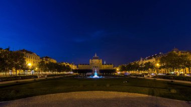 Panoramic day to night transition timelapse of Art pavilion at King Tomislav square in Zagreb, Croatia. Oldest gallery in the southeast Europe designed specifically to accommodate large exhibitions.