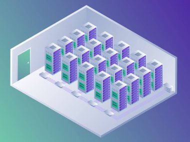 Veri Merkezi ve bulut bilgisayar kavramı. Web sitesi için Web sayfası tasarımı. Teknoloji bulut 3d izometrik vektör çizim