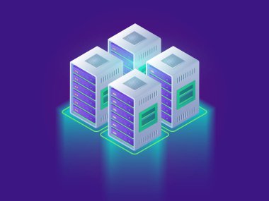 Veri Merkezi ve bulut bilgisayar kavramı. Web sitesi için Web sayfası tasarımı. Teknoloji bulut 3d izometrik vektör çizim