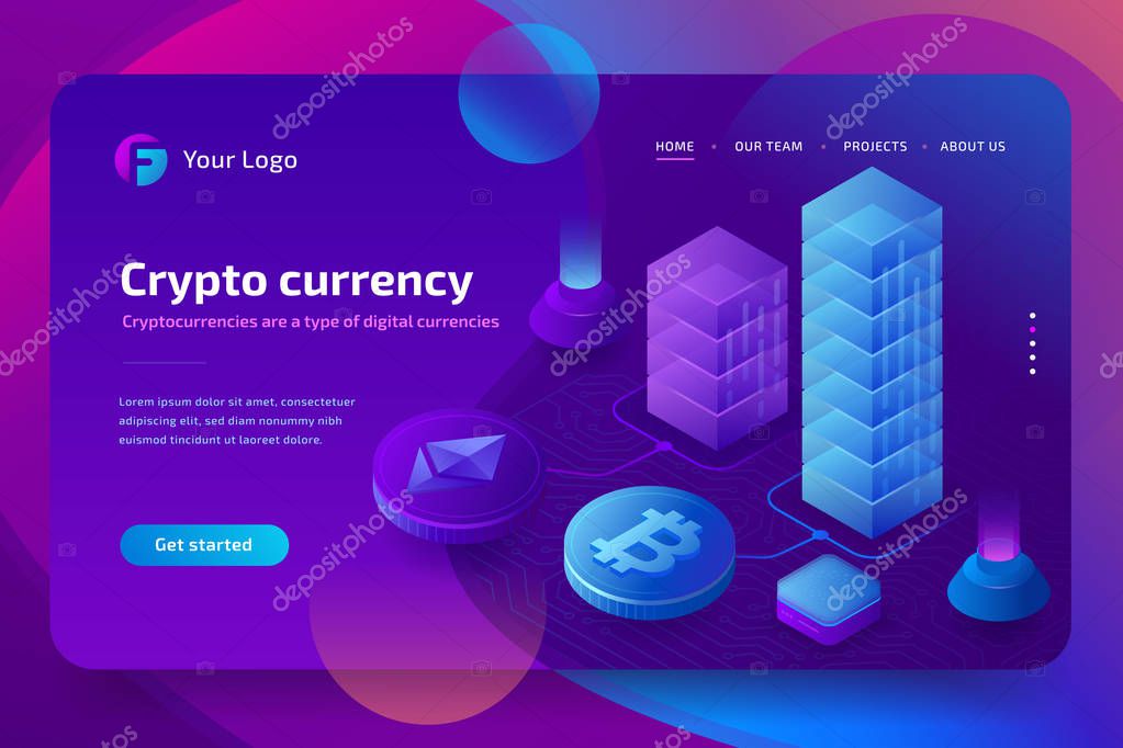 Blockchain and cryptocurrency growth chart, bitcoin course. 3d isometric vector illustration on ultraviolet background